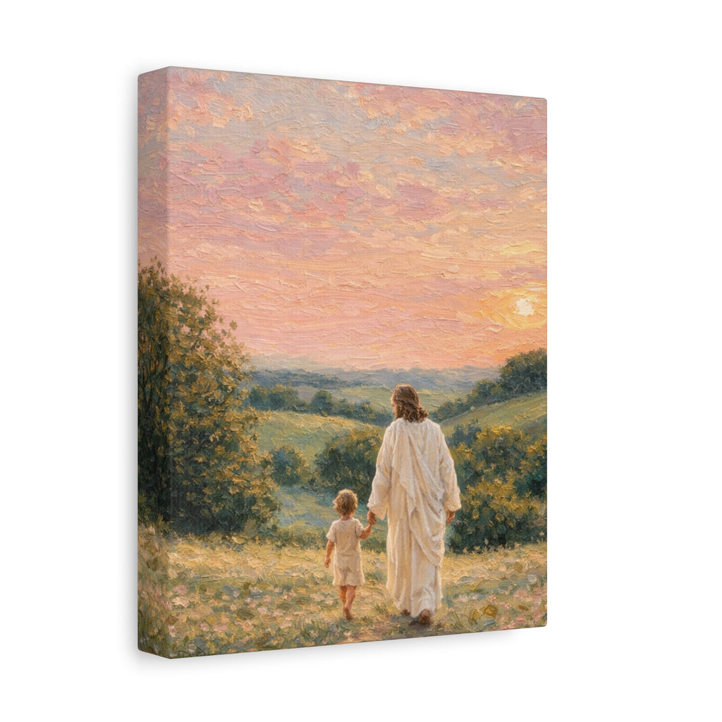 Jesus Walking With a Child Canvas Print Christian Wall Art Matte Canvas Faith Filled Landscape Artwork