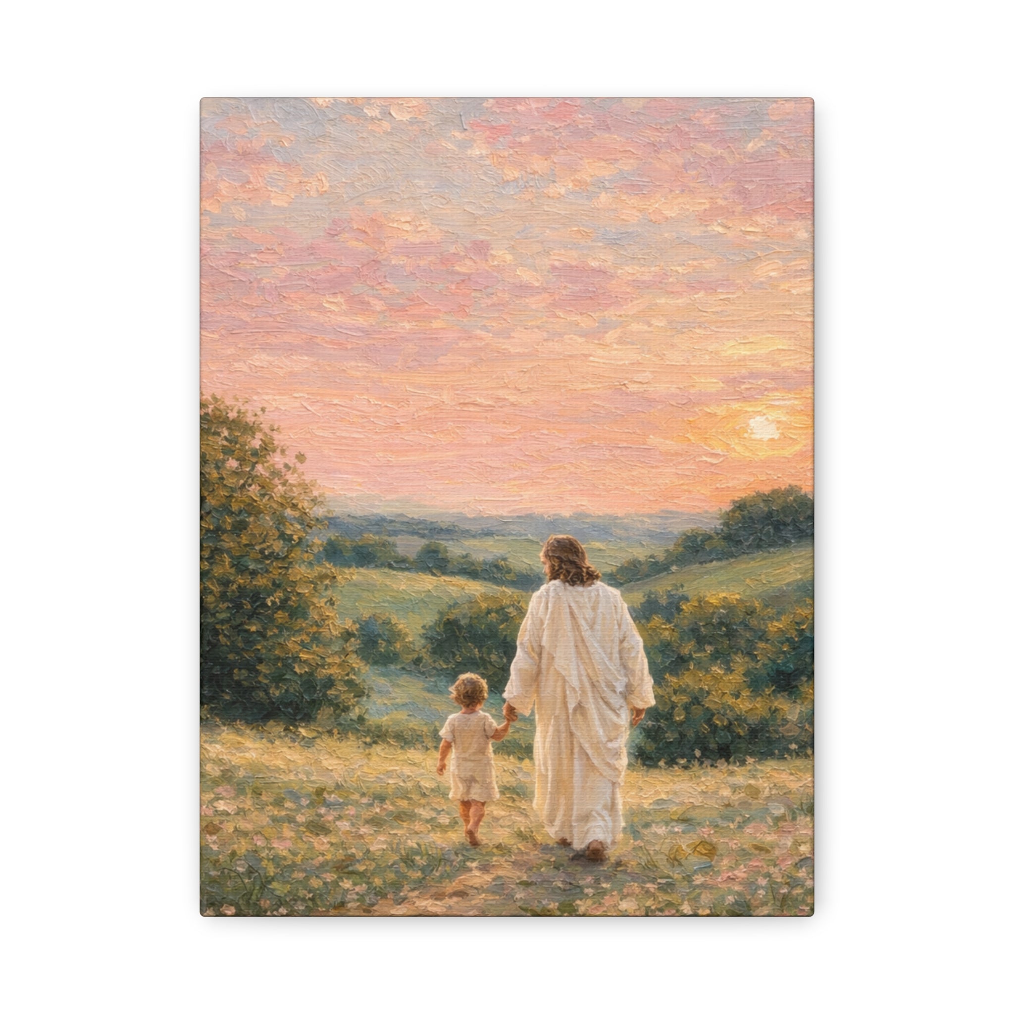 Jesus Walking With a Child Canvas Print Christian Wall Art Matte Canvas Faith Filled Landscape Artwork