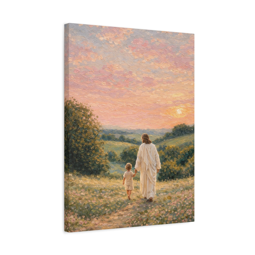 Jesus Walking With a Child Canvas Print Christian Wall Art Matte Canvas Faith Filled Landscape Artwork