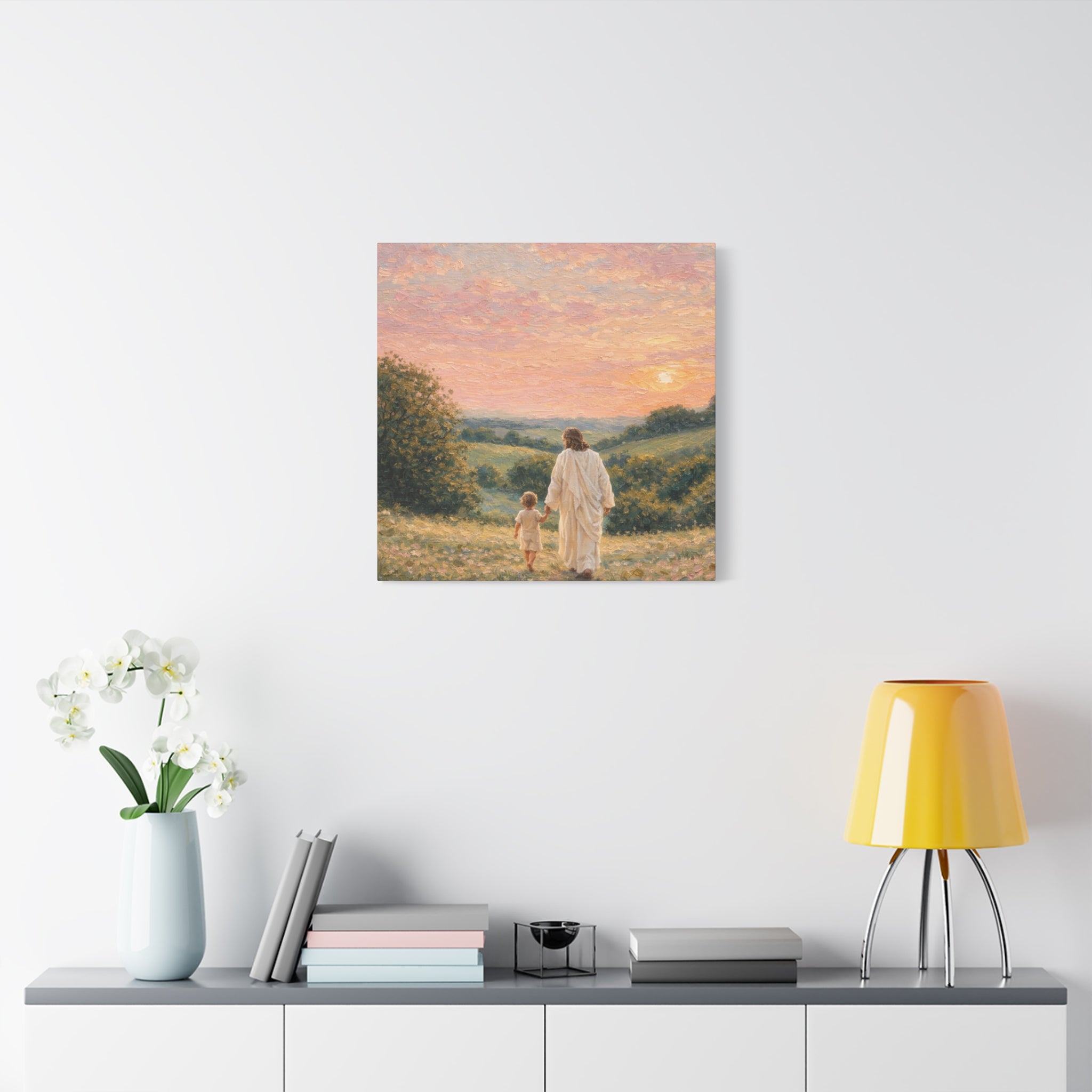 Jesus Walking With a Child Canvas Print Christian Wall Art Matte Canvas Faith Filled Landscape Artwork