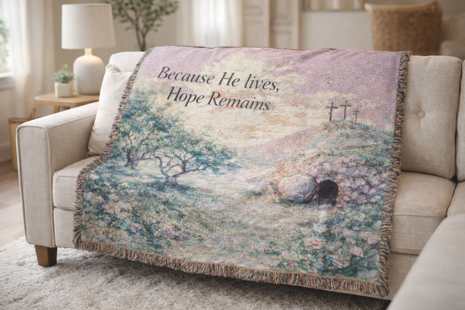 "Because He Lives, Hope Remains" Christian Throw—  Resurrection Garden Woven Blanket