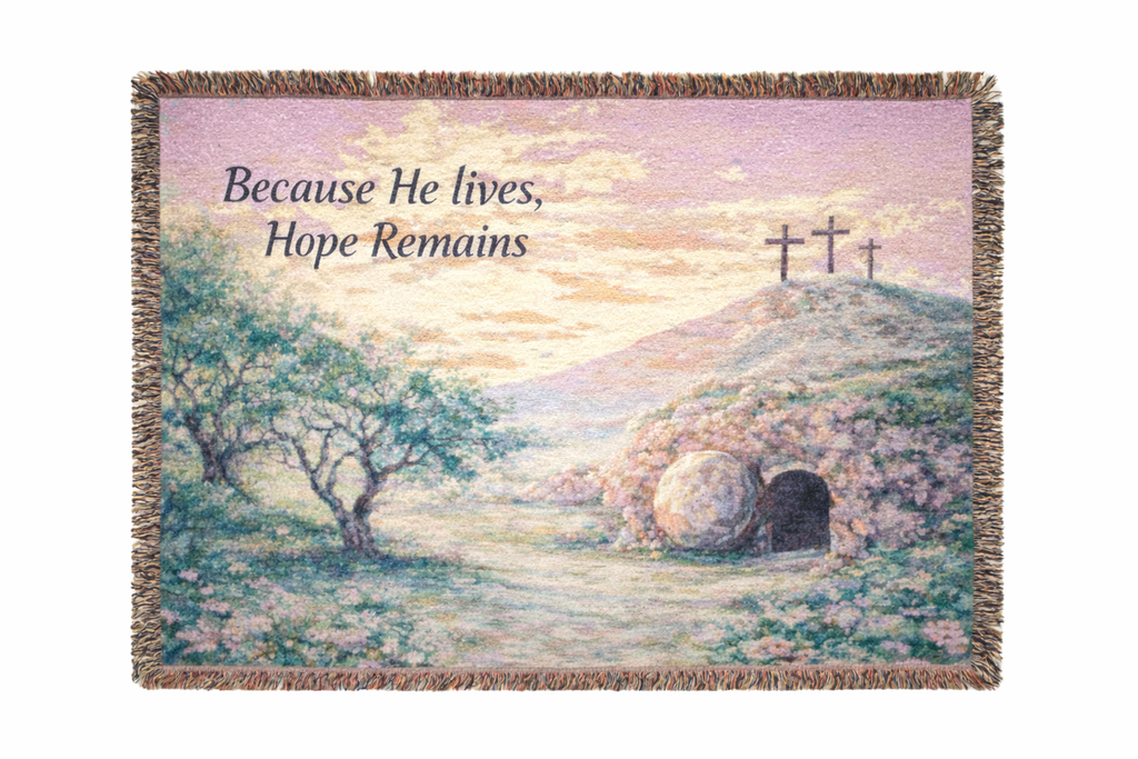 "Because He Lives, Hope Remains" Christian Throw—  Resurrection Garden Woven Blanket