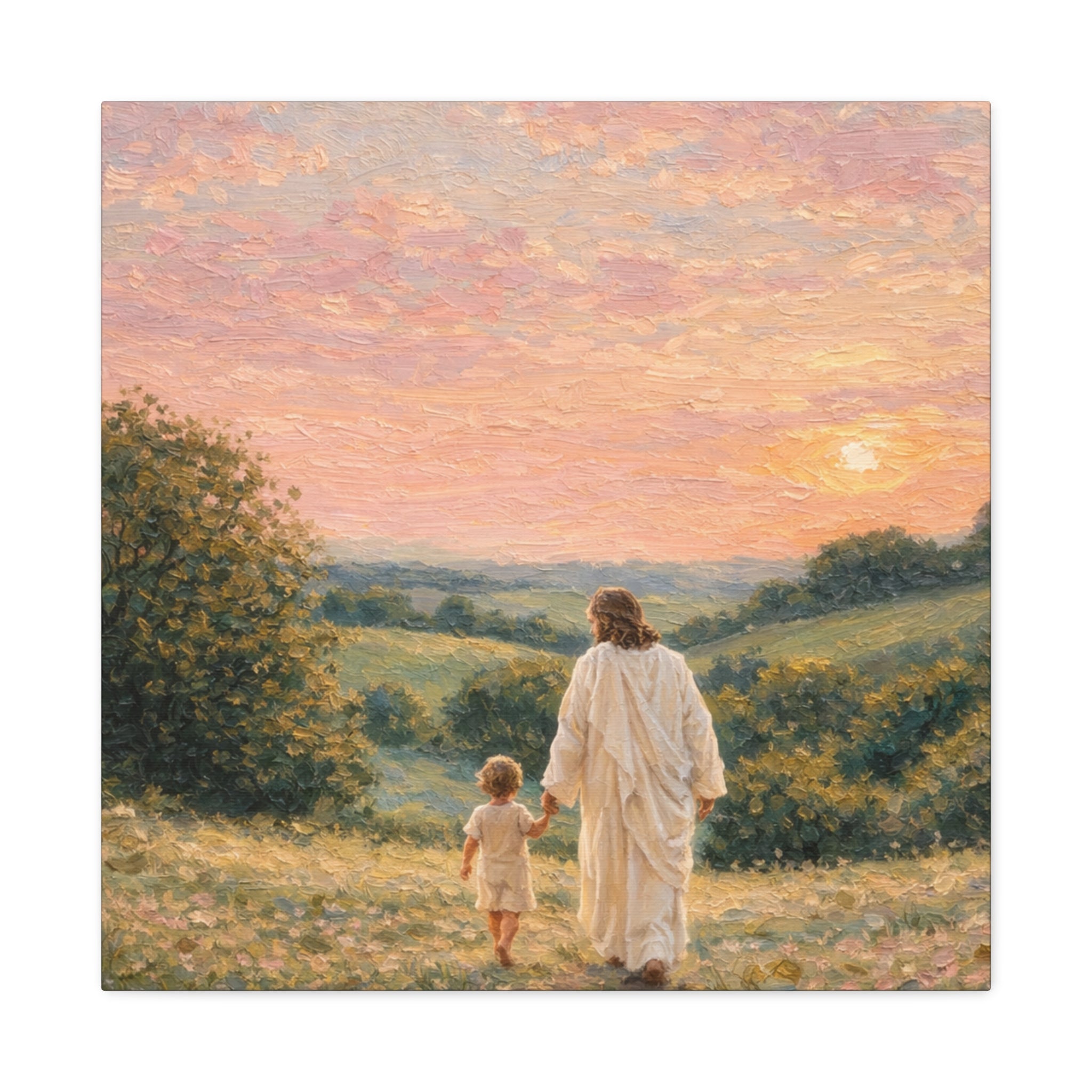 Jesus Walking With a Child Canvas Print Christian Wall Art Matte Canvas Faith Filled Landscape Artwork