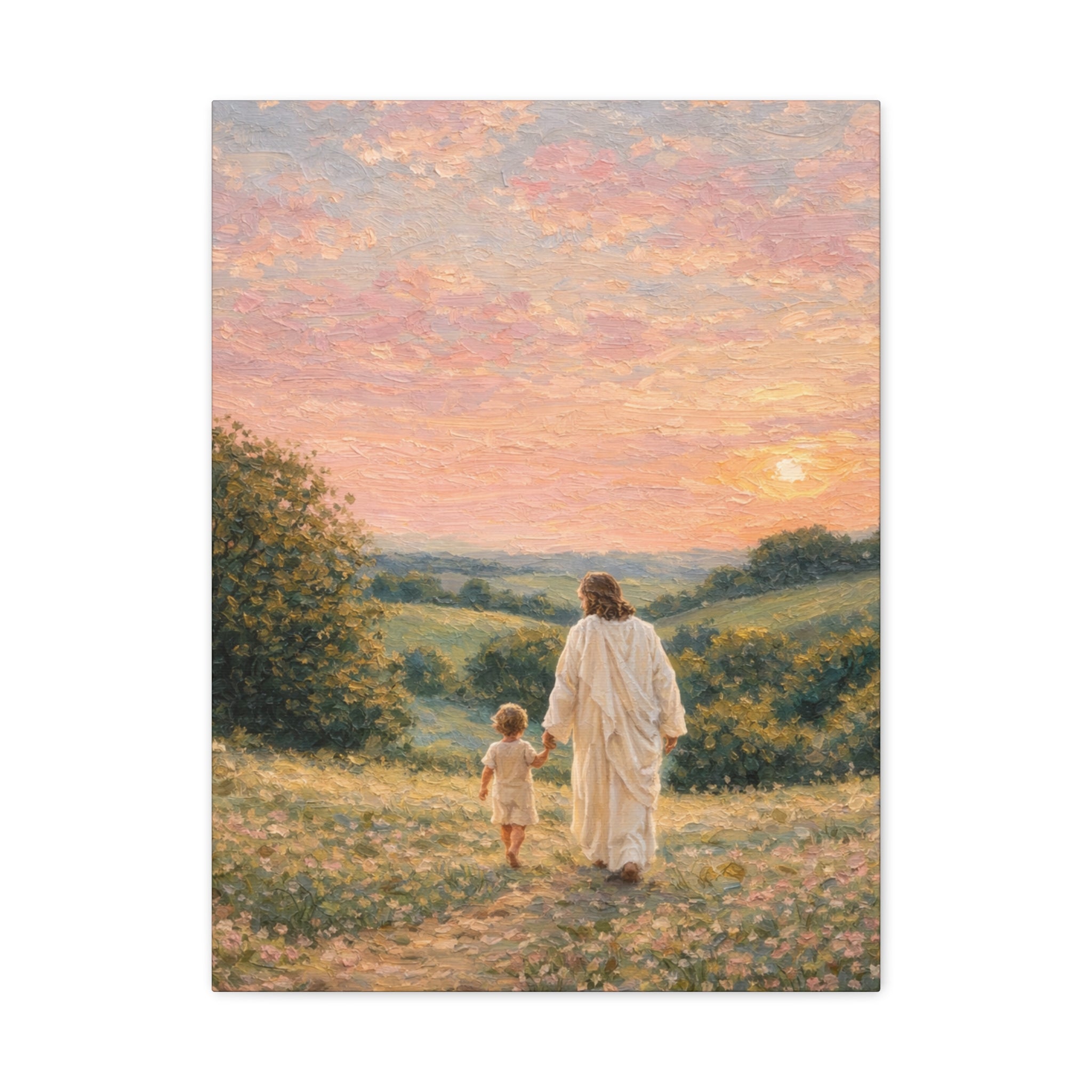 Jesus Walking With a Child Canvas Print Christian Wall Art Matte Canvas Faith Filled Landscape Artwork