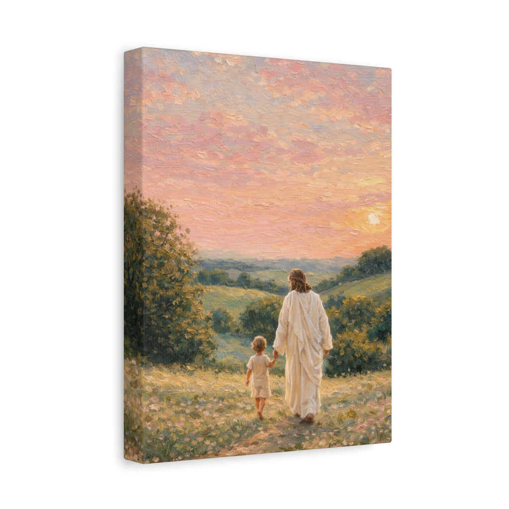 Jesus Walking With a Child Canvas Print Christian Wall Art Matte Canvas Faith Filled Landscape Artwork