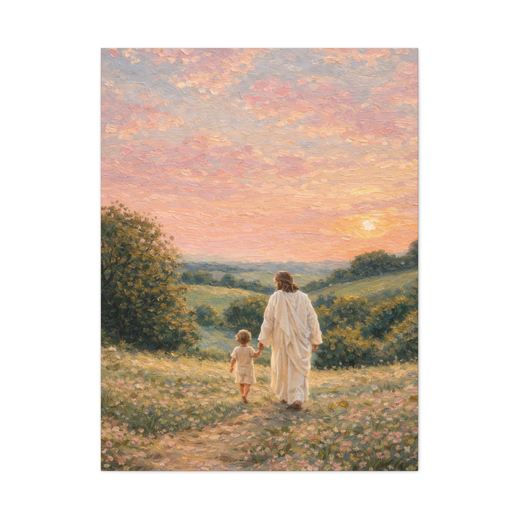 Jesus Walking With a Child Canvas Print Christian Wall Art Matte Canvas Faith Filled Landscape Artwork
