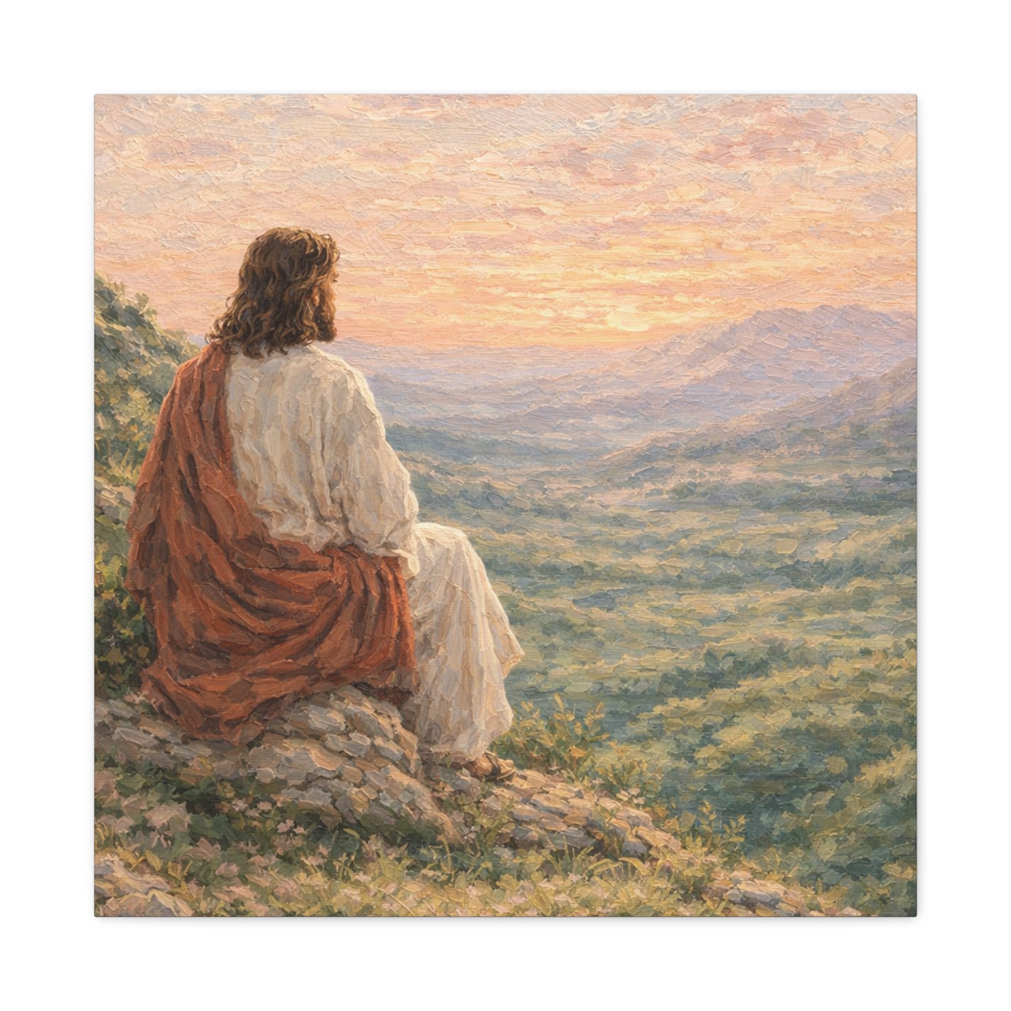 Jesus Watching Over the Valley Canvas Print Christian Wall Art Matte Canvas Faith Inspired Landscape Artwork